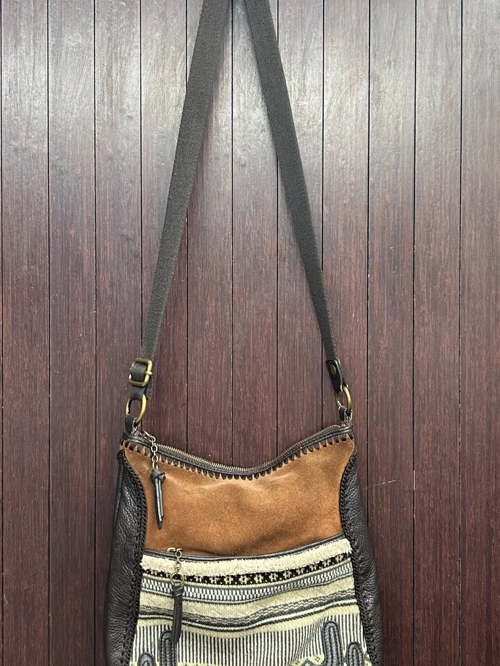 The Sak Leather Suede Crossbody Bag Boho Woven Striped Pocket Brown